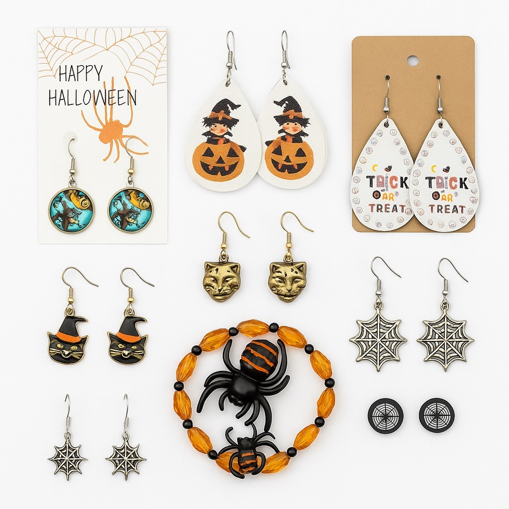 Halloween Earrings & Bracelet Lot – Spiders, Witches, Webs, Cats (10 pieces)